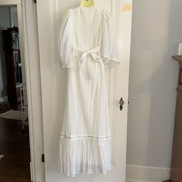 Vintage 70s Jack Kramer White V Neck Crinkle Cloth Flutter Sleeve Maxi Dress - Picture 6 of 8